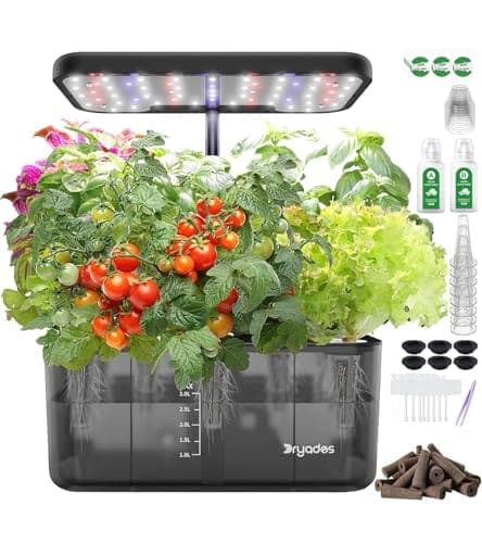 Potager d'intérieur hydroponique à huit bacs surmonté d'une lampe de croissance LED