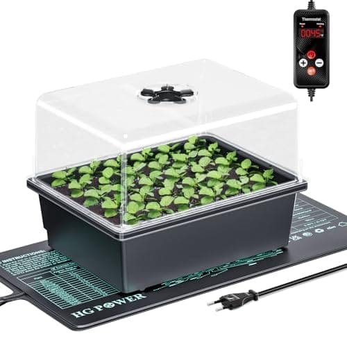 Mini-serre à trente cellules avec dôme transparent posée sur un tapis chauffant