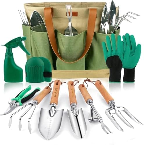 Outils de jardin à manche en bois et sac fourre-tout à motif floral vert