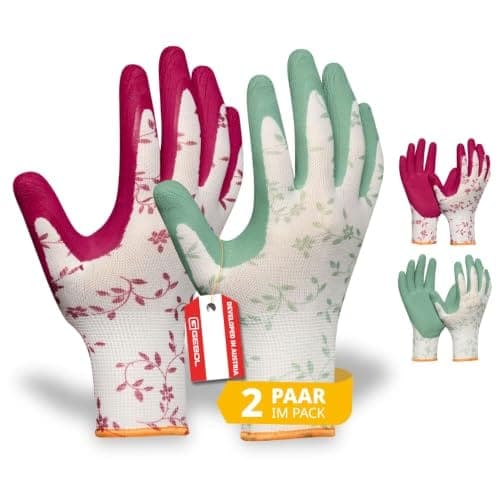 Deux paires de gants de jardinage à motif floral rouge et vert