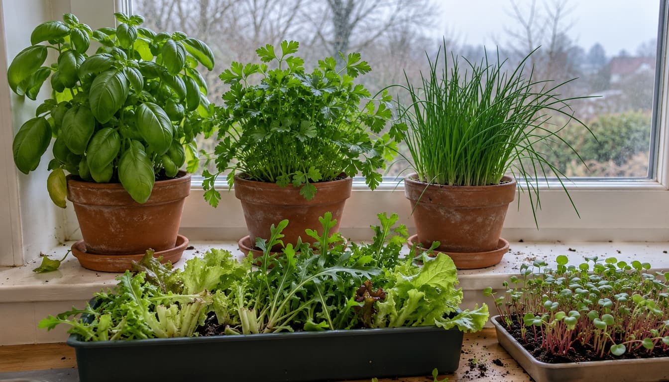 Rebord de fenêtre de cuisine en hiver avec pots en terre cuite de basilic, de persil et de ciboulette, une jardinière de salade à couper et un plateau de micro-pousses de radis