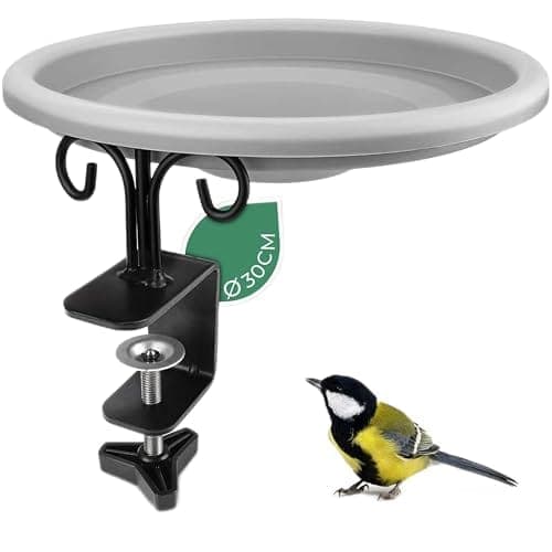 Bain d'oiseaux en plastique avec support métallique à visser sur une balustrade de balcon