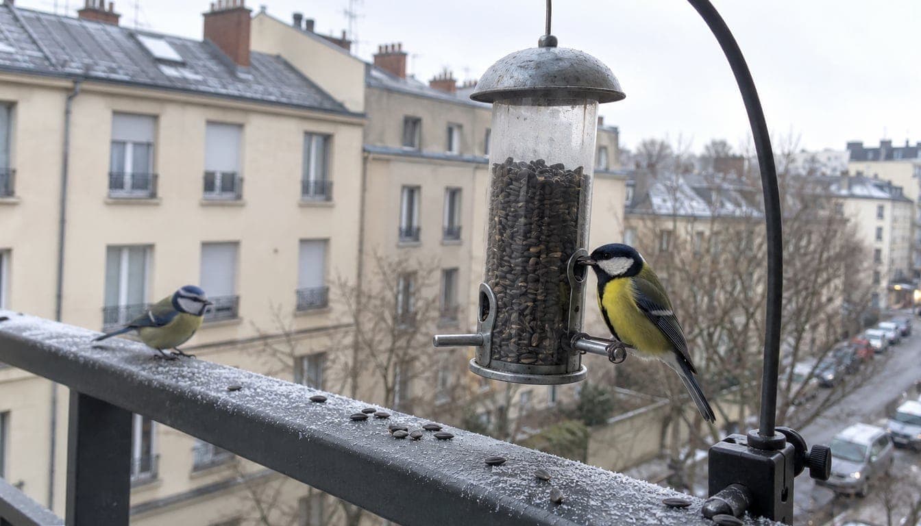 Mangeoire à tube pleine de graines de tournesol noires, fixée à la rambarde givrée d'un balcon, avec une mésange charbonnière au perchoir et une mésange bleue sur la main courante