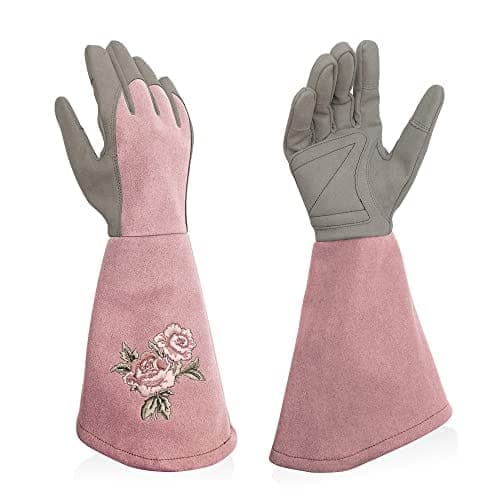 Gants de rosier à longue manchette avec broderie rose sur les poignets