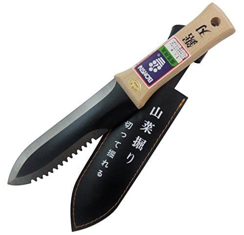 Couteau hori hori japonais à manche en bois, avec son fourreau