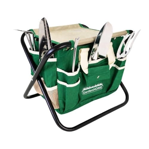 Kit d'outils de jardin en inox avec sac détachable et tabouret pliant à cadre en acier