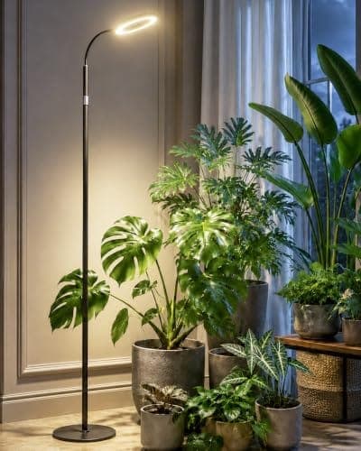 Lampe horticole sur pied à tige télescopique en acier et aluminium, au-dessus d'une plante
