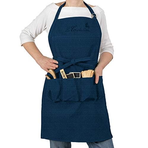 Tablier de jardinage bleu jean en coton, avec broderie ton sur ton
