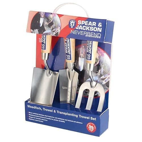 Coffret cadeau de trois outils de jardin à tête en inox poli et manche en bois dur