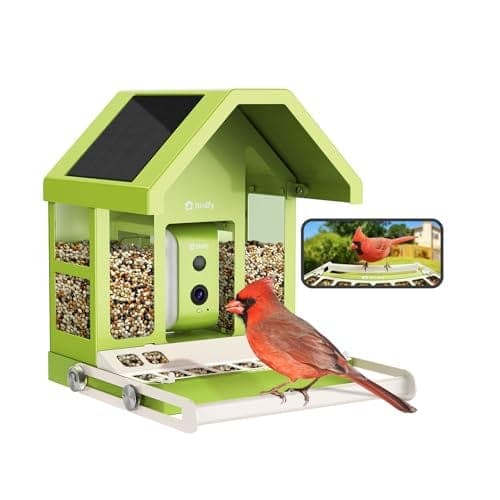 Mangeoire en métal Birdfy avec caméra grand angle et panneau solaire, posée en extérieur
