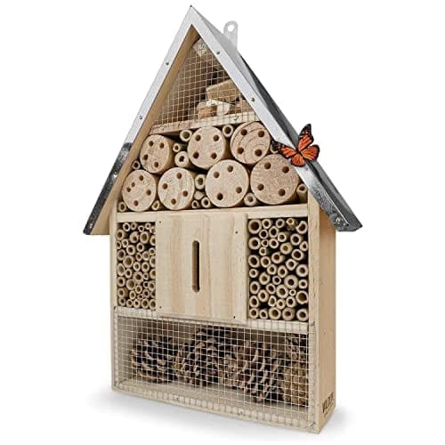 Hôtel à insectes en bois non traité, toit métallique saillant et compartiments remplis de bambou et de pommes de pin