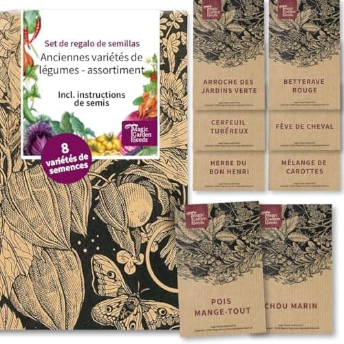 Coffret de huit sachets de graines de légumes anciens, chacun conditionné séparément