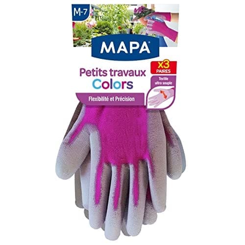 Trois paires de gants de jardinage souples, une rose, une bleue et une violette