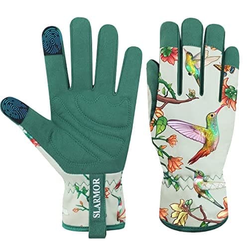 Gants de jardinage pour femme en cuir microfibre, motifs floraux et d'oiseaux