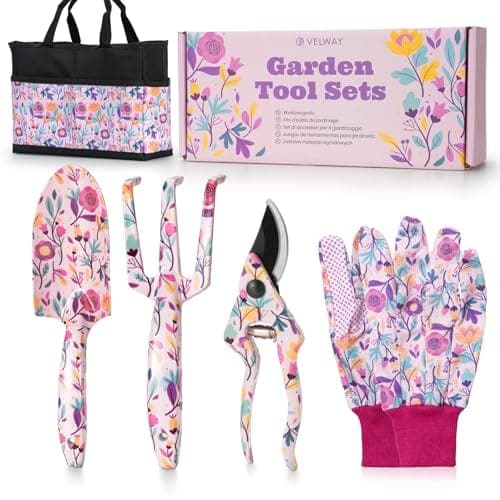 Coffret Velway ouvert avec pelle, râteau, sécateur, gants et sac de transport à motif floral