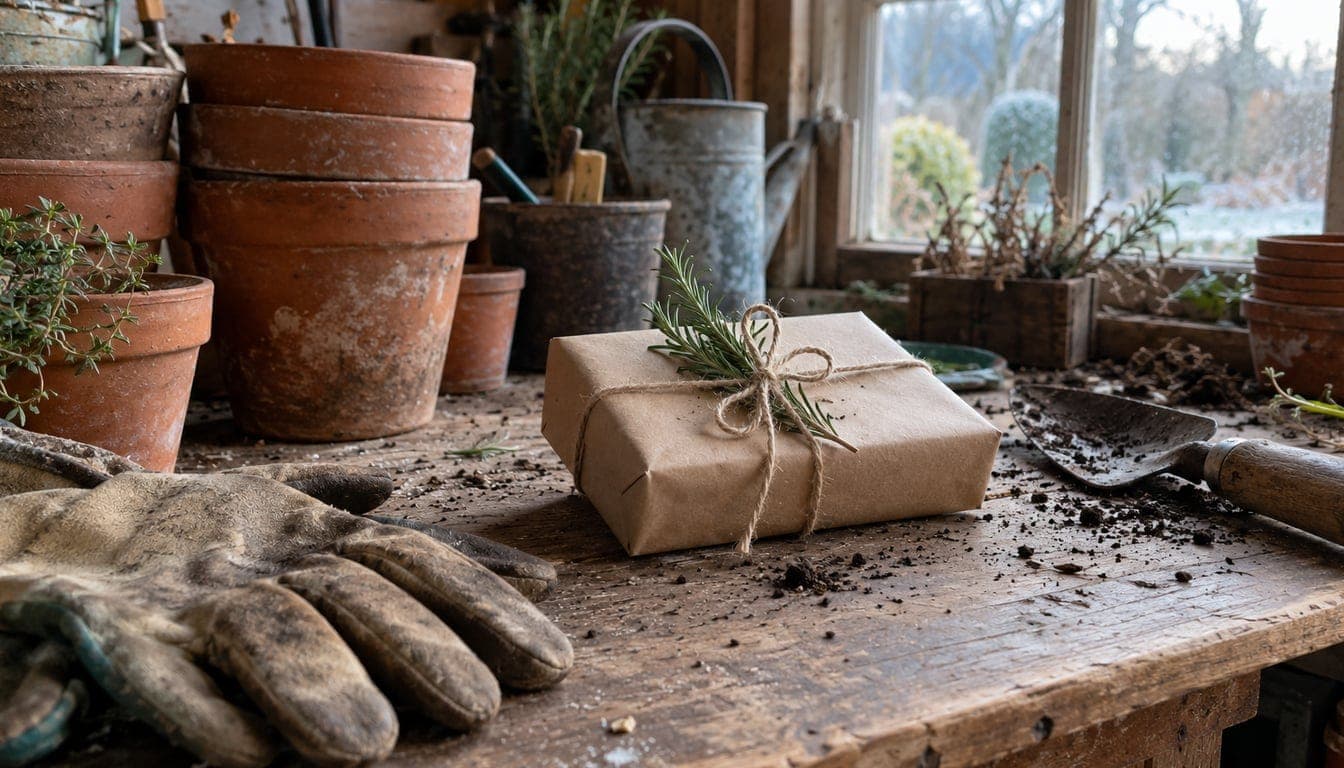 Paquet cadeau en papier kraft et ficelle de jute avec un brin de romarin, sur l'établi d'un abri de jardin, entre des pots en terre cuite, des gants usés et une truelle