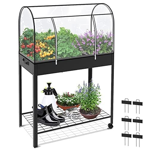 Potager métallique sur pieds à six compartiments, recouvert d'une bâche transparente à fermeture éclair