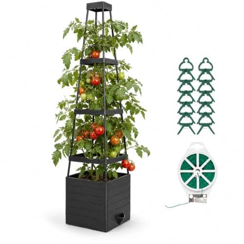 Jardinière noire surélevée avec un grand treillis intégré pour plantes grimpantes