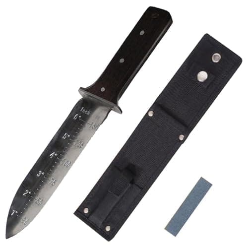 Couteau de jardin à lame graduée et manche en wengé, avec son étui de ceinture