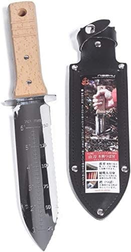 Couteau hori hori Nisaku à lame d'acier et manche en bois, avec son fourreau