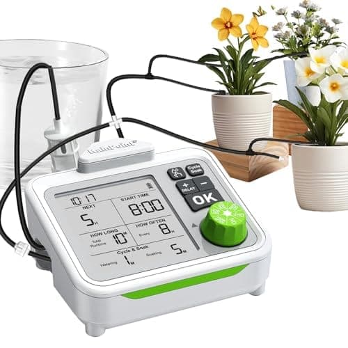 Kit d'arrosage goutte à goutte Rainpoint avec boîtier à batterie et tuyaux vers des pots