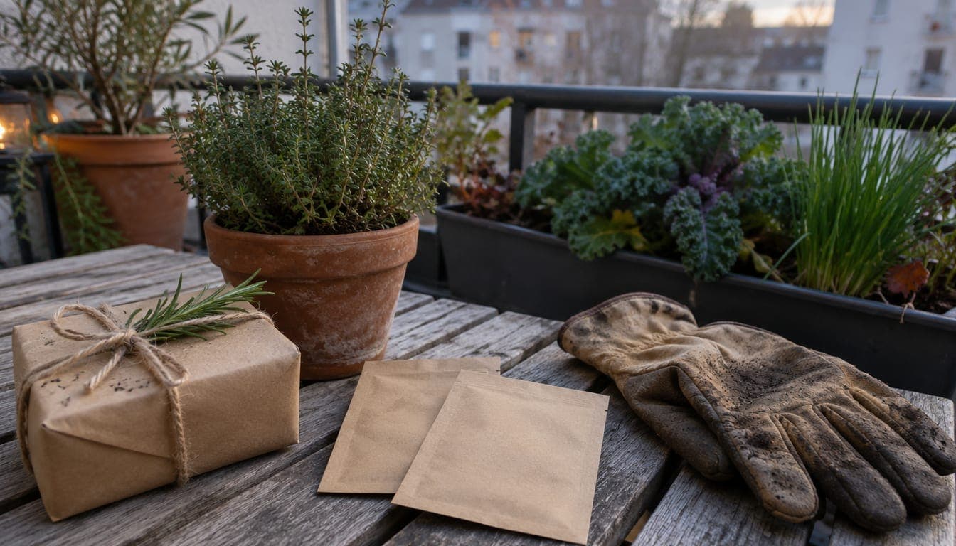 Paquet cadeau kraft, sachets de graines vierges et gant de jardinage usé sur une table de balcon, avec pot de thym et jardinière de chou kale