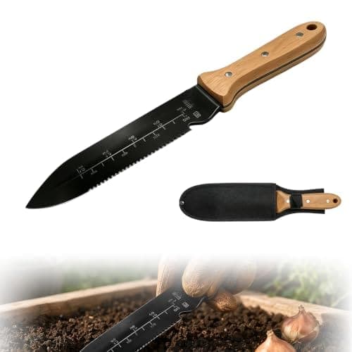 Couteau hori hori à manche en bois et lame graduée, avec sa housse en toile